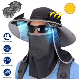 2 In 1 Solar Fan Hat UPF50+ Sun Hat With Fans Wide Brim Fishing Hat with Face Cover Neck Flap Solar USB Charging for Hiking Gardening Outdoor Wor (Color: DarkGrey)