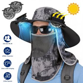 2 In 1 Solar Fan Hat UPF50+ Sun Hat With Fans Wide Brim Fishing Hat with Face Cover Neck Flap Solar USB Charging for Hiking Gardening Outdoor Wor (Color: DarkGreyInk)